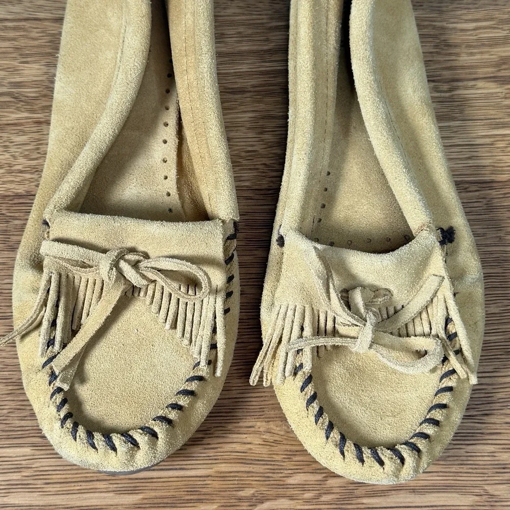 MINNETONKA Women's Side 7 Moccasins Leather Slip On Loafers Shoes 407 Tan